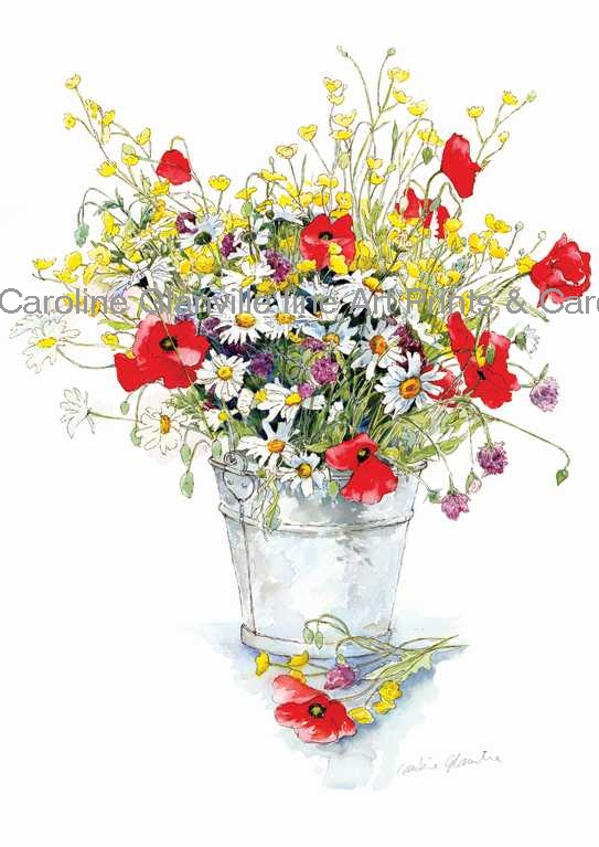 Summer wild flowers in bucket, painting by Caroline Glanville